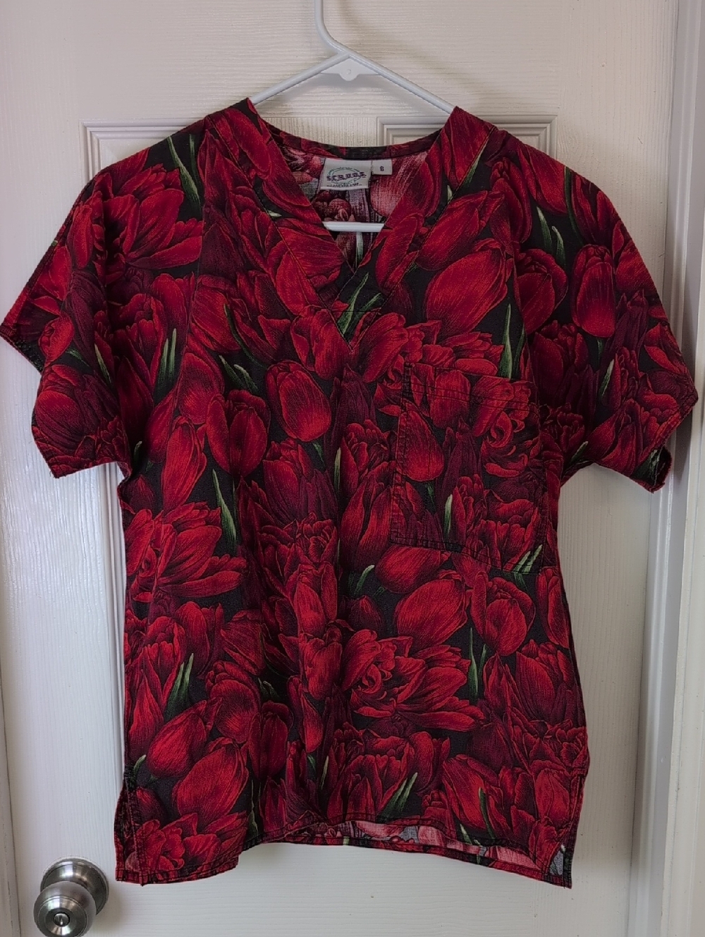 Scrubs Cotton Red Floral V-Neck Short Sleeve Top